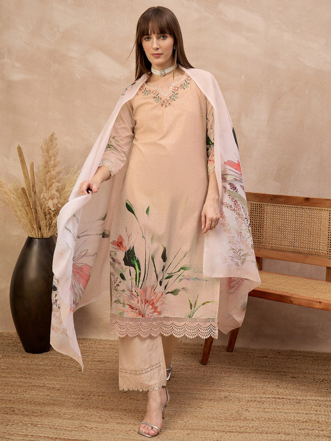 Multi Pure Cotton Digital Printed A-Line Kurta Trouser With Printed Dupatta