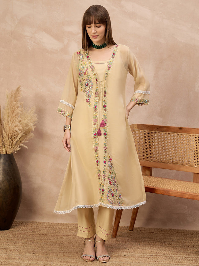 Beige Pure Cotton Solid A-Line Kurta Trouser With Floral & Mirror Embroidered Shrug