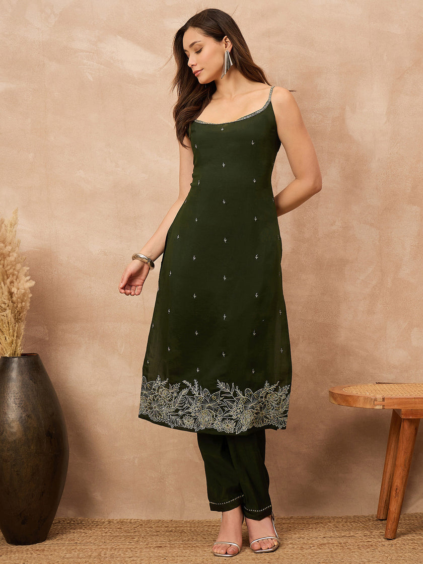 Green Silk Blend Embroideried A-Line Kurta Trouser
