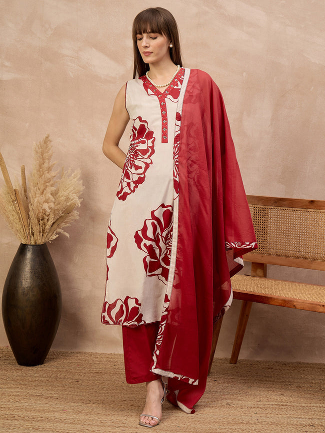 Red Pure Cotton Floral Printed A-Line Sleeveless Kurta Trouser With Dupatta