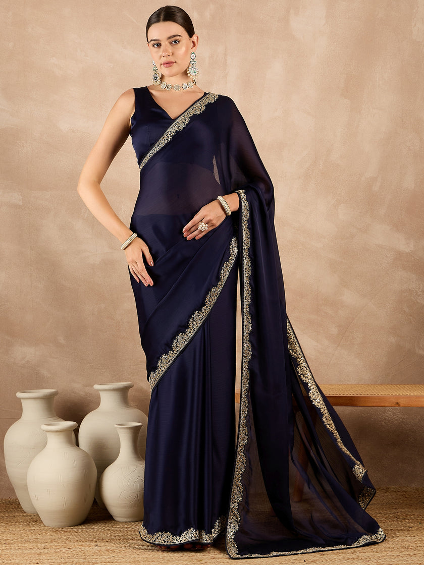 Blue Satin Solid With Embroidered Border Saree with Unstitched Fancy Blouse