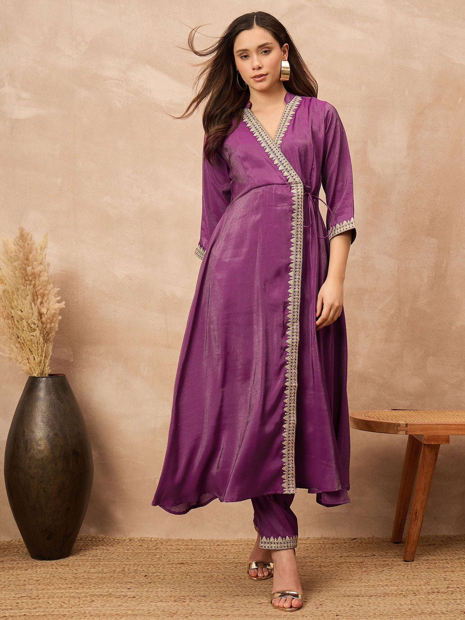 Purple Chanderi Silk Solid A-Line Kurta Trouser