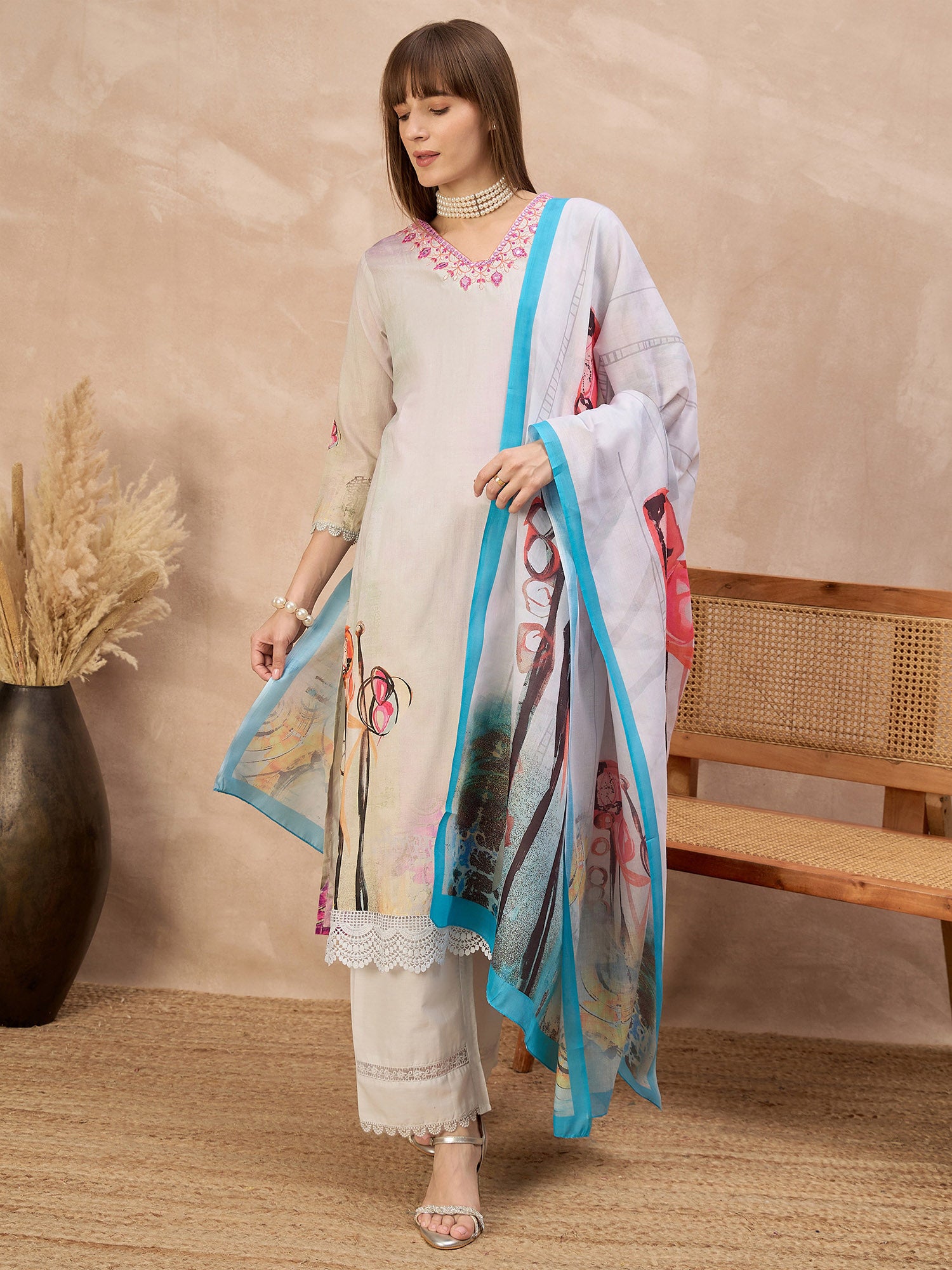 Multi Pure Cotton Digital Printed A-Line Kurta Trouser With Printed Dupatta