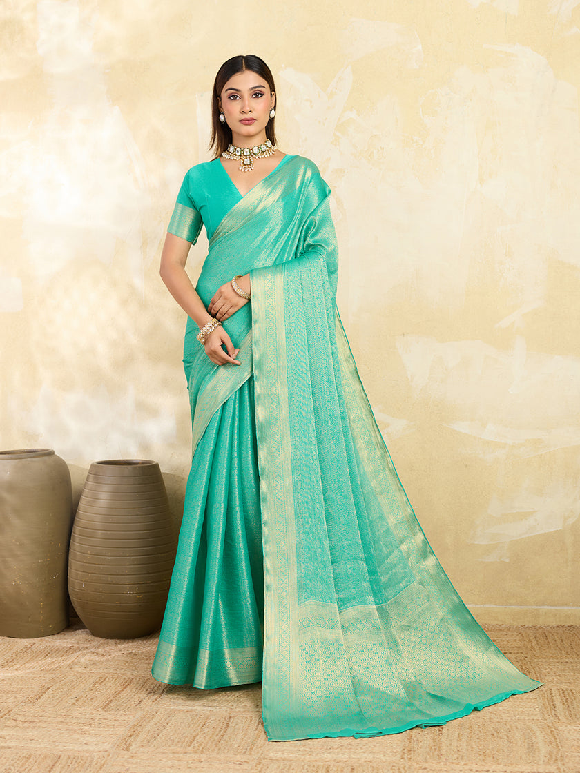 Green Silk Blend Solid Saree With Zari Border & Unstitched Blouse Featured In Mirzapur
