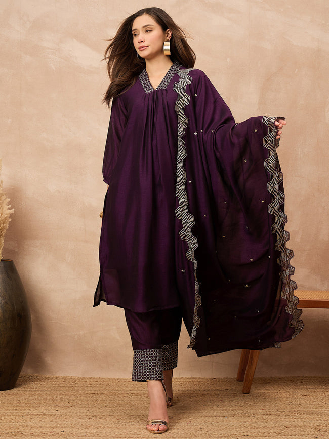 Purple Silk Blend Solid A-Line Kurta Trouser with Dupatta