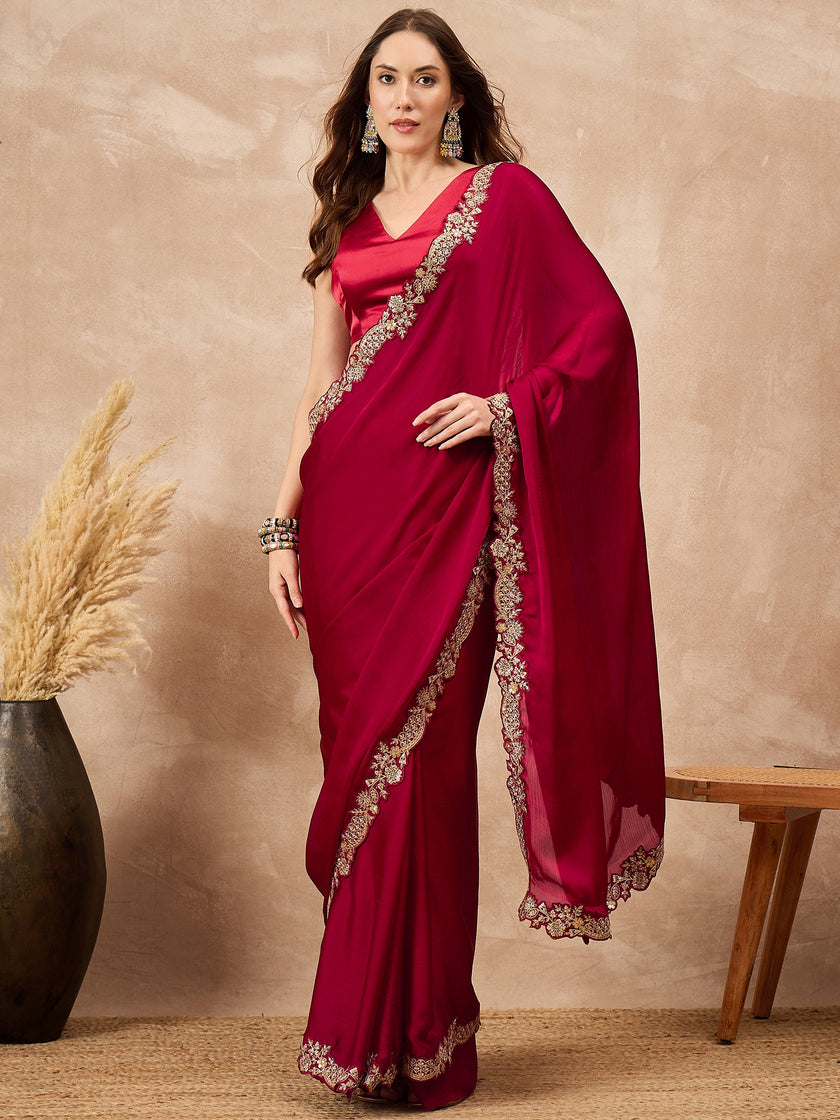 Red Satin Solid with Embroidered Cut Work Border Saree with Unstitched Blouse