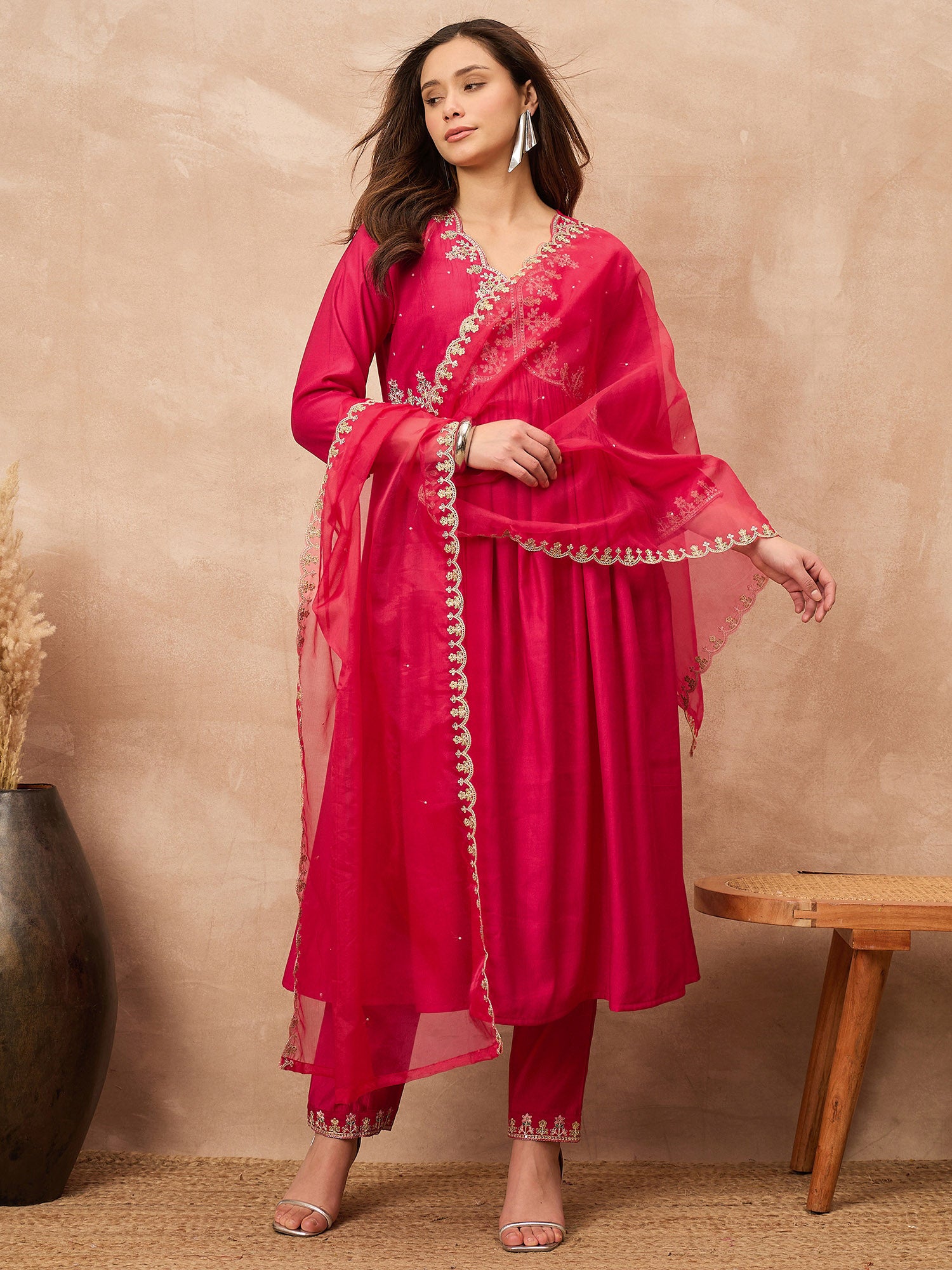 Red Silk Blend Solid A-Line Kurta Trouser with Dupatta