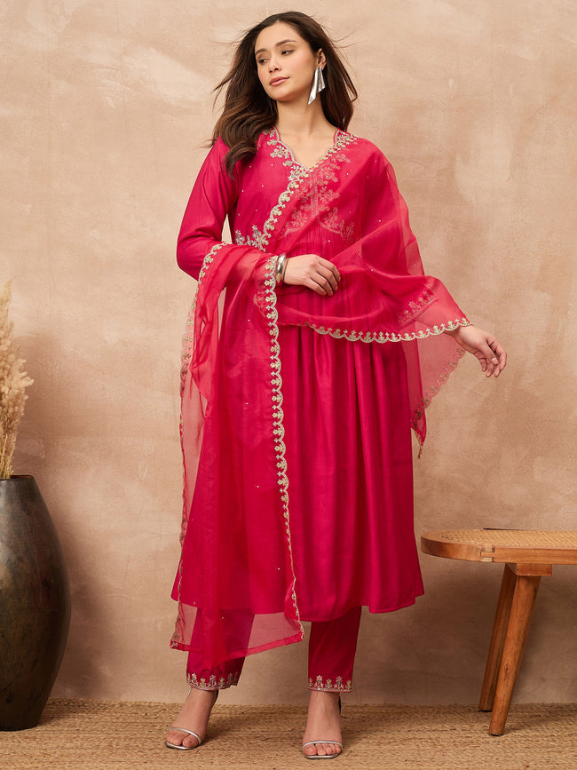 Red Silk Blend Solid A-Line Kurta Trouser with Dupatta