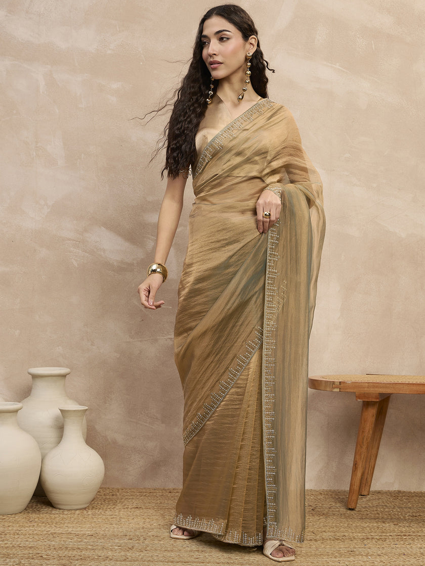 Beige Organza Solid With Stone Work Border Saree with Unstitched Blouse