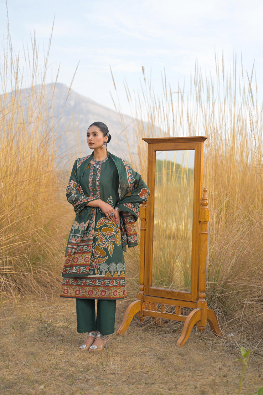 Green Pure Cotton Ajrakh Printed A-Line Kurta Trouser With Dupatta