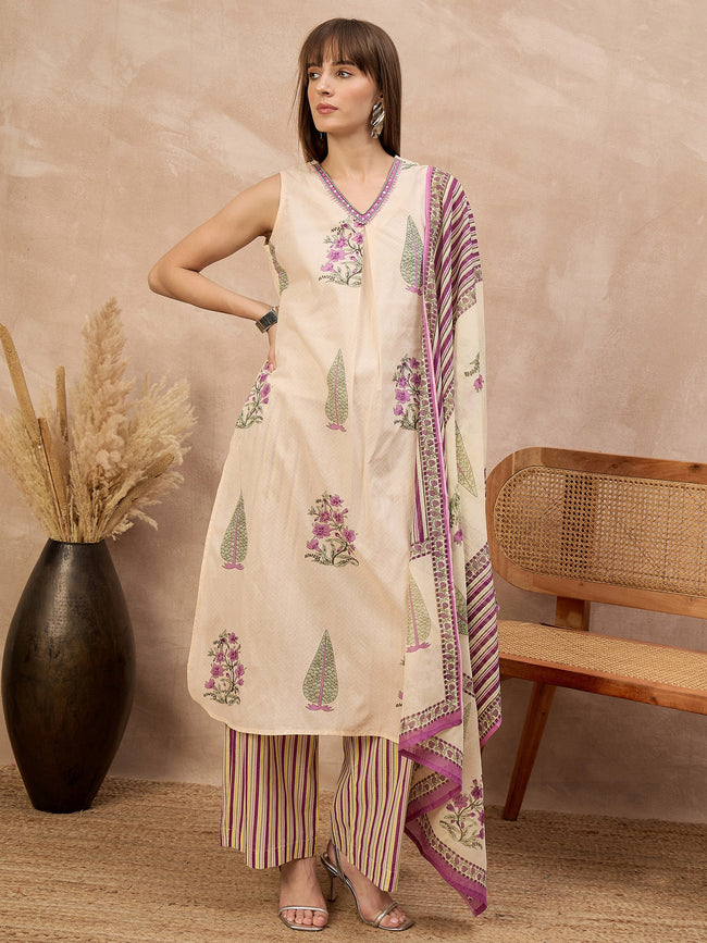 Multi Pure Cotton Floral Printed A-Line Sleeveless Kurta Trouser With Printed Dupatta