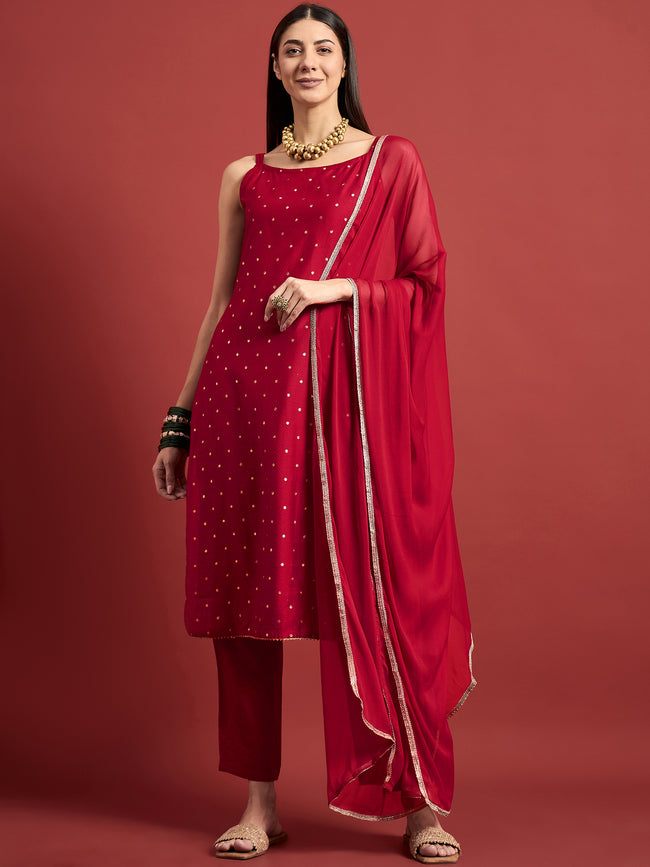 Red  Silk Blend Printed A-Line Kurta  Trouser