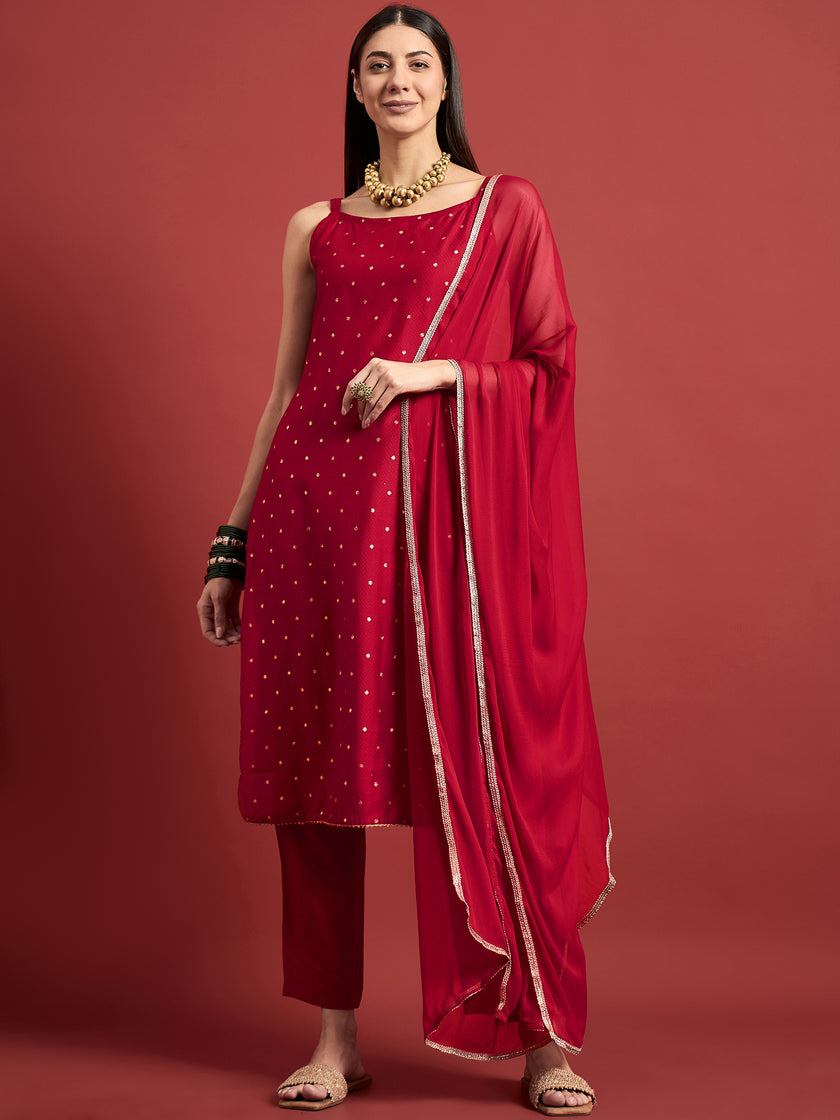 Red  Silk Blend Printed A-Line Kurta  Trouser