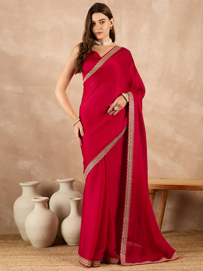 Red Satin Solid With Embroidered Border Saree with Unstitched Fancy Blouse