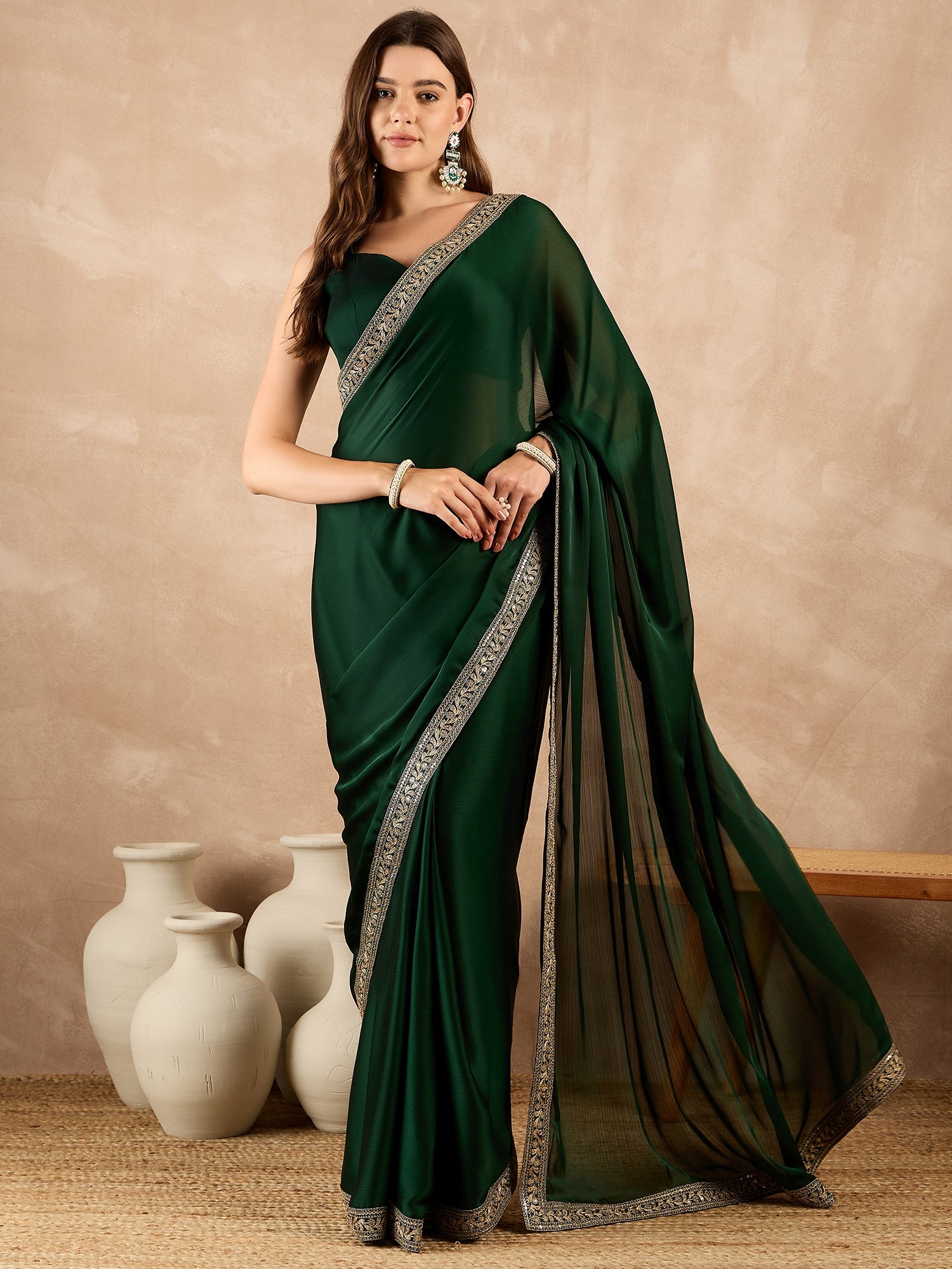 Green Satin Solid With Embroidered Border Saree with Unstitched Fancy Blouse