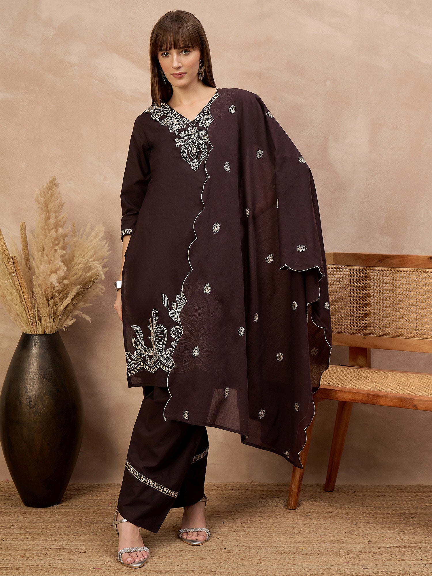 Brown Pure Cotton Embroidered A-Line Kurta Trouser With Embroidered Dupatta