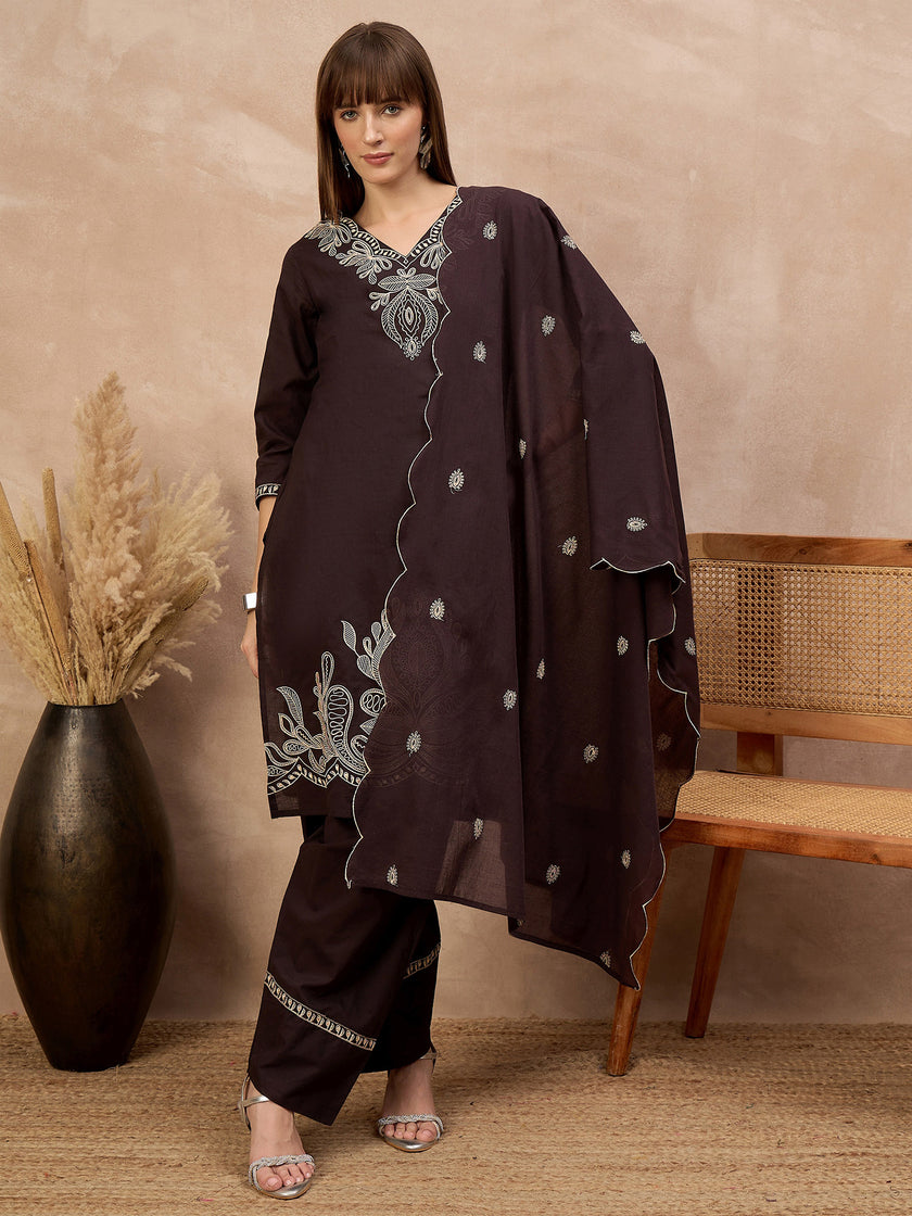 Brown Pure Cotton Embroidered A-Line Kurta Trouser With Embroidered Dupatta