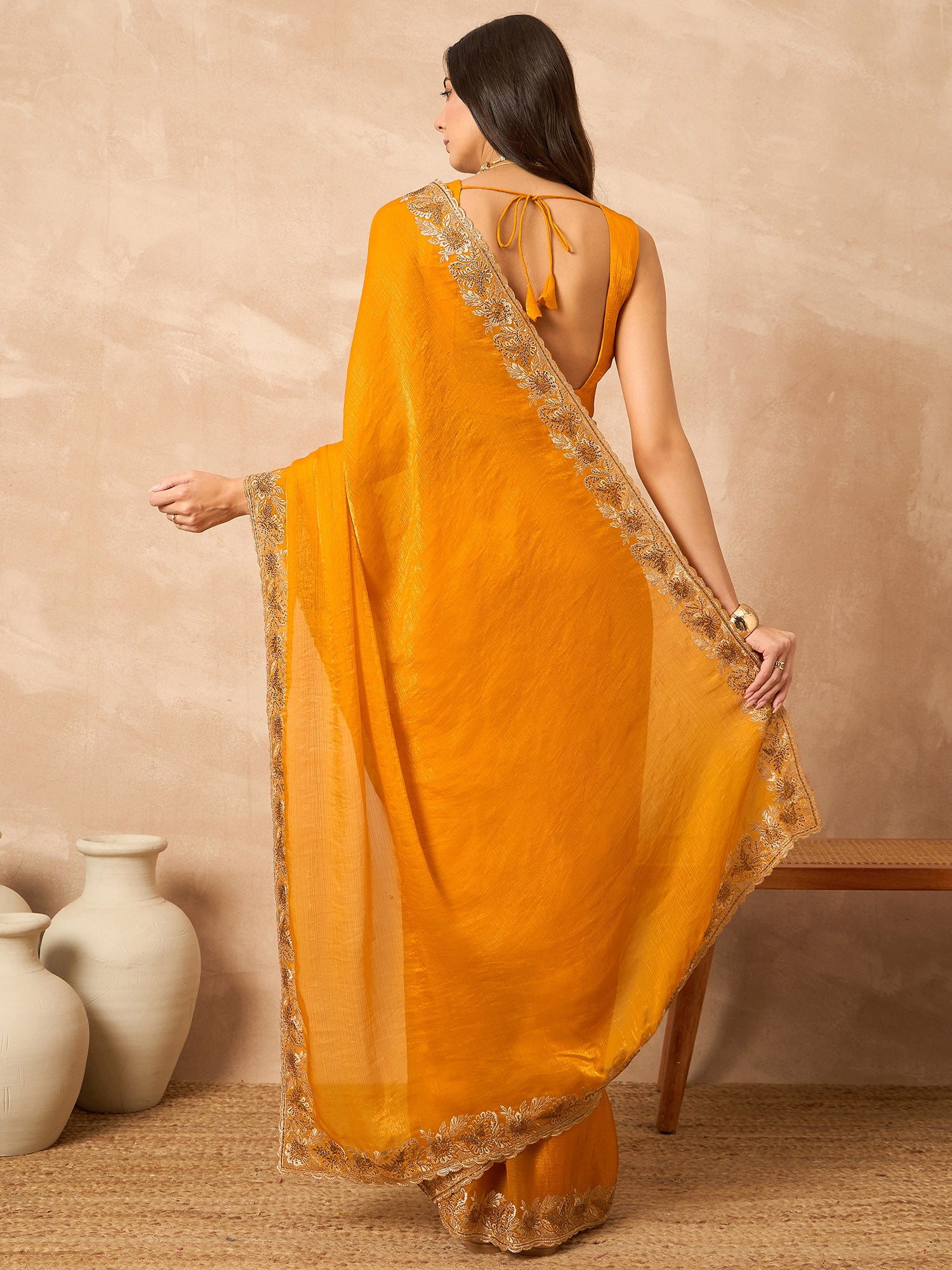 Mustard Pure Chiffon Solid With Embellished Lace Saree with Unstitched Blouse