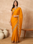 Mustard Pure Chiffon Solid With Embellished Lace Saree with Unstitched Blouse