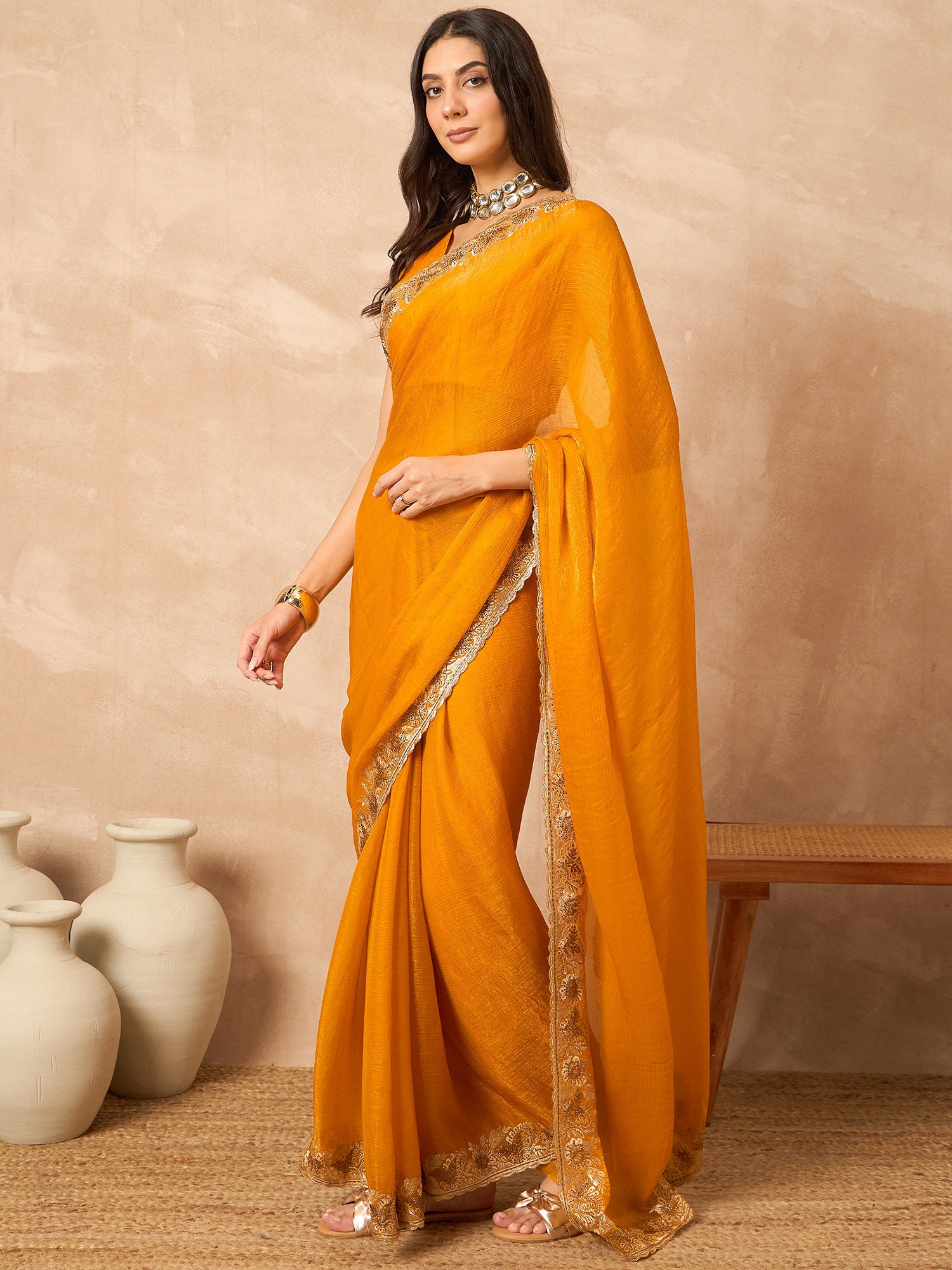 Mustard Pure Chiffon Solid With Embellished Lace Saree with Unstitched Blouse