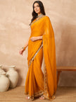Mustard Pure Chiffon Solid With Embellished Lace Saree with Unstitched Blouse