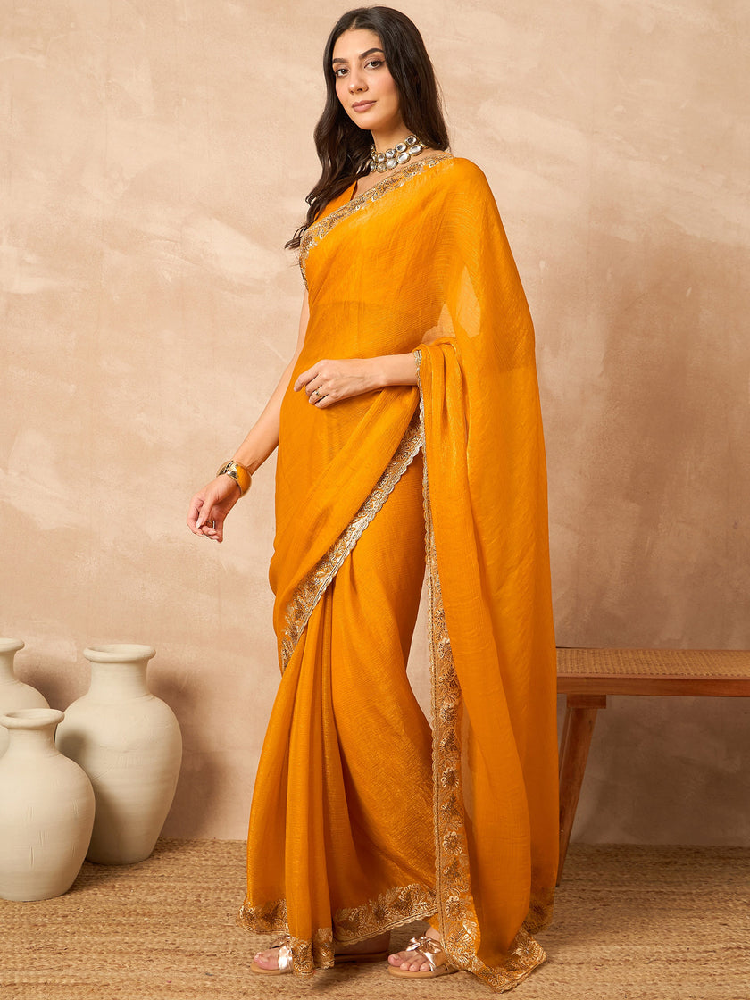 Mustard Pure Chiffon Solid With Embellished Lace Saree with Unstitched Blouse