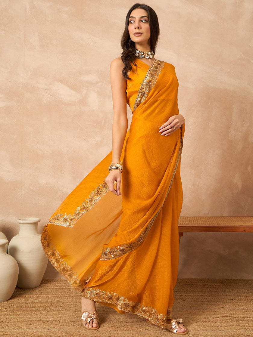 Mustard Pure Chiffon Solid With Embellished Lace Saree with Unstitched Blouse