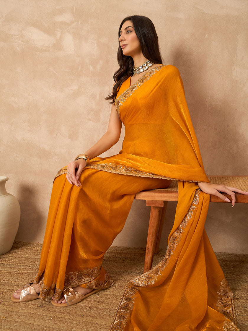 Mustard Pure Chiffon Solid With Embellished Lace Saree with Unstitched Blouse