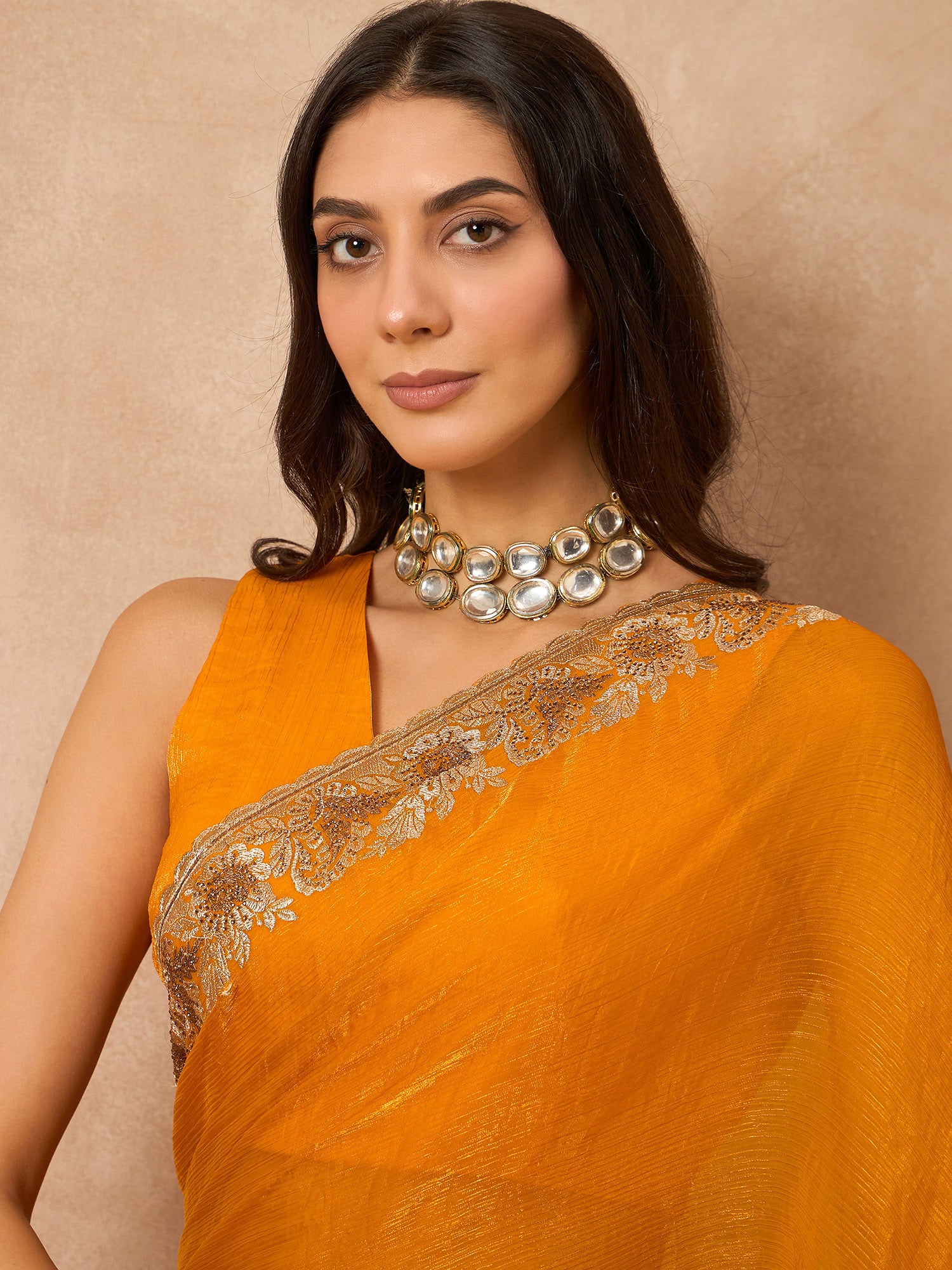 Mustard Pure Chiffon Solid With Embellished Lace Saree with Unstitched Blouse