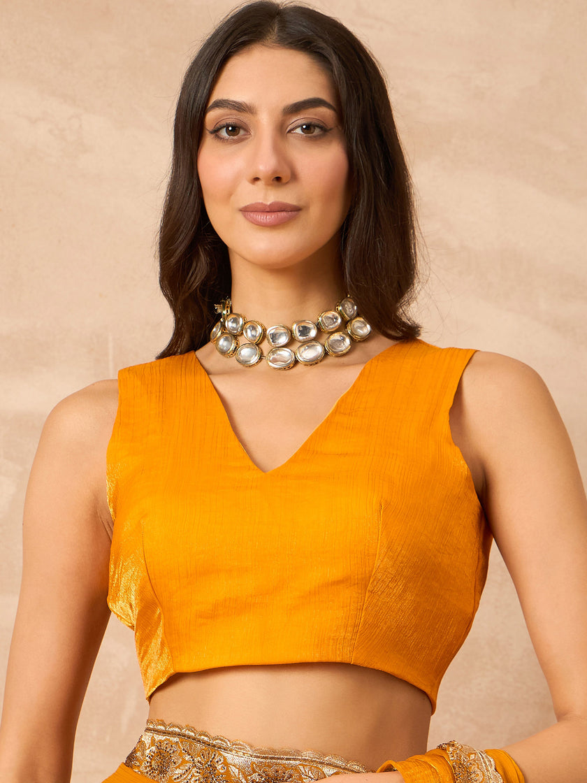 Mustard Pure Chiffon Solid With Embellished Lace Saree with Unstitched Blouse