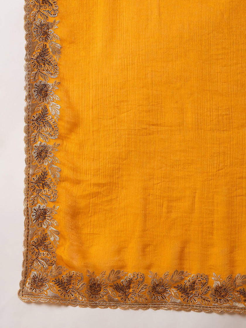 Mustard Pure Chiffon Solid With Embellished Lace Saree with Unstitched Blouse