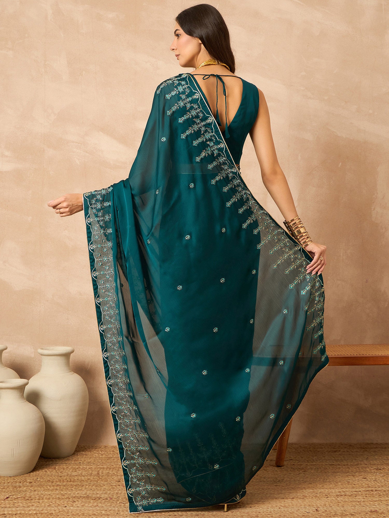 Teal Poly Chiffon Solid With Embroidered Border Saree with Unstitched Blouse