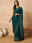 Teal Poly Chiffon Solid With Embroidered Border Saree with Unstitched Blouse