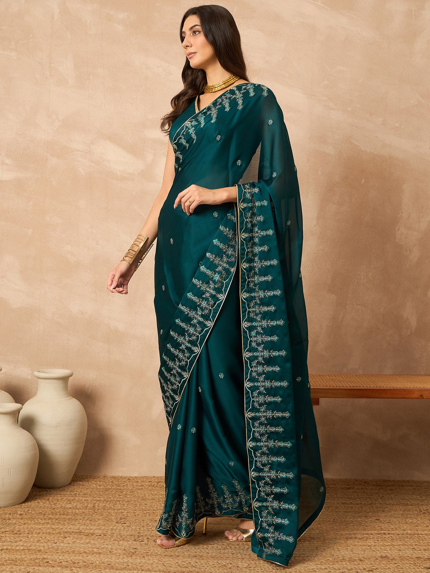 Teal Poly Chiffon Solid With Embroidered Border Saree with Unstitched Blouse