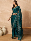 Teal Poly Chiffon Solid With Embroidered Border Saree with Unstitched Blouse