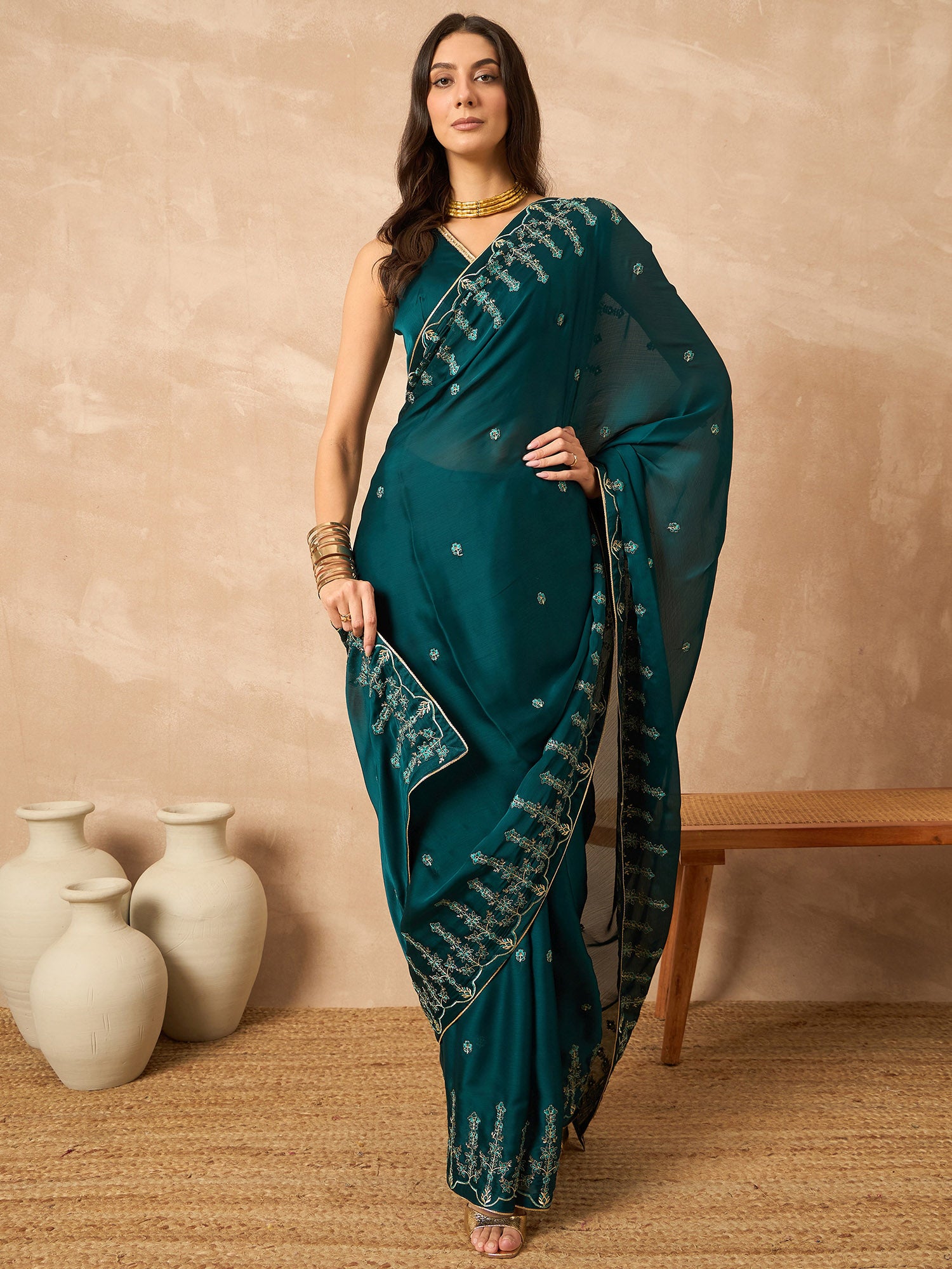 Teal Poly Chiffon Solid With Embroidered Border Saree with Unstitched Blouse
