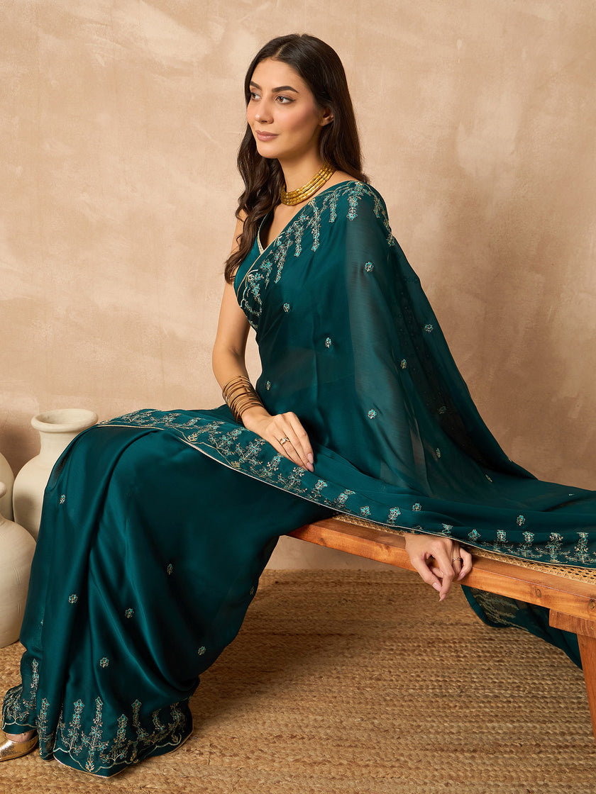Teal Poly Chiffon Solid With Embroidered Border Saree with Unstitched Blouse