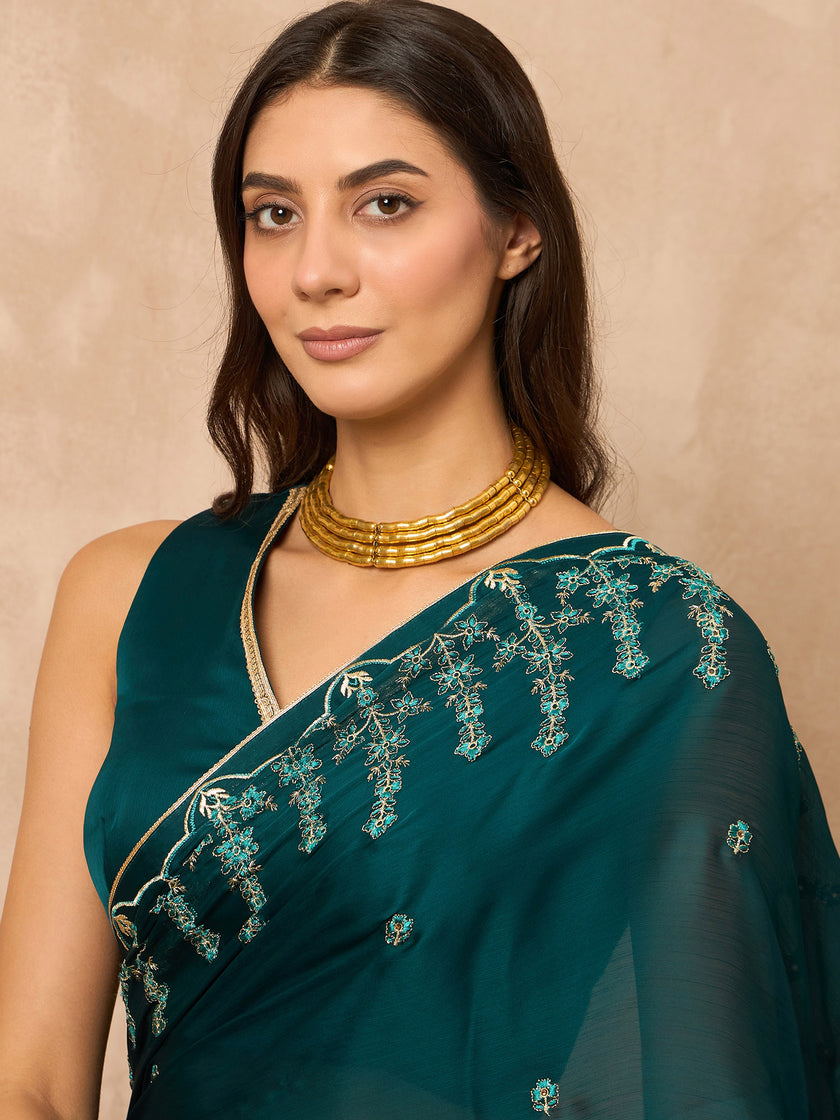 Teal Poly Chiffon Solid With Embroidered Border Saree with Unstitched Blouse