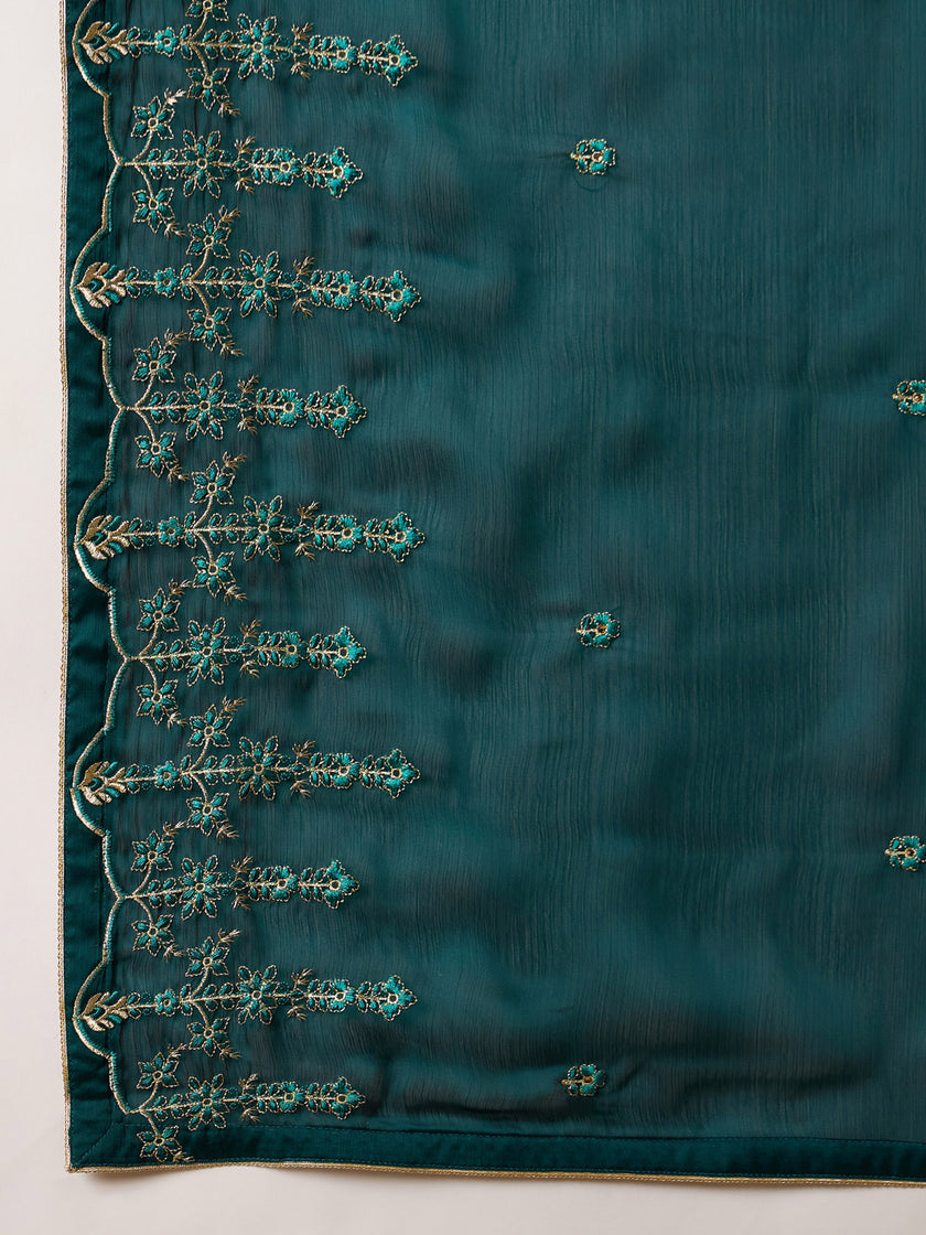 Teal Poly Chiffon Solid With Embroidered Border Saree with Unstitched Blouse