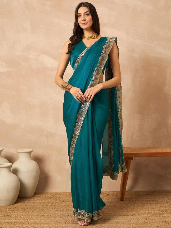 Green Pure Chiffon Solid With Embellished Lace Saree with Unstitched Blouse