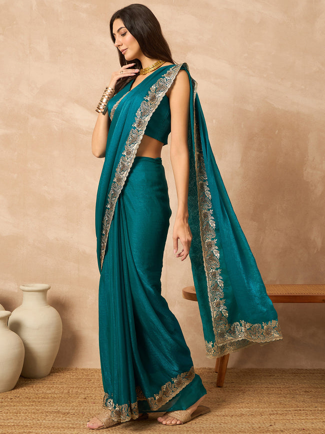 Green Pure Chiffon Solid With Embellished Lace Saree with Unstitched Blouse