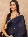 Blue Poly Chiffon Solid With Embroidered Border Saree with Unstitched Blouse