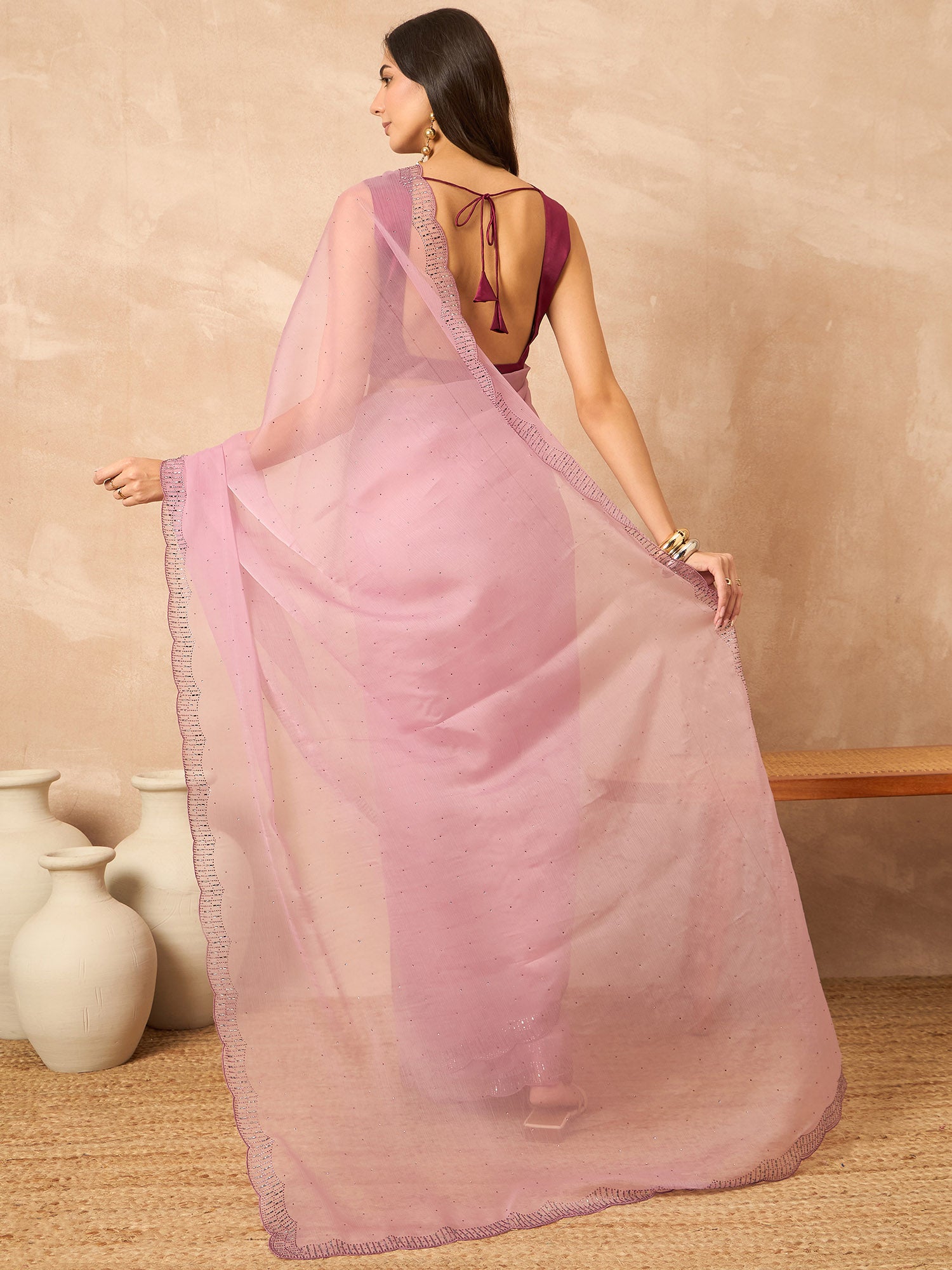 Pink Poly Chiffon Solid With Stone Work Border Saree with Unstitched Blouse