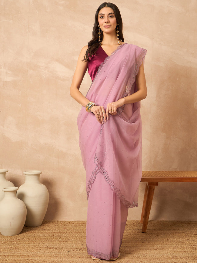 Pink Poly Chiffon Solid With Stone Work Border Saree with Unstitched Blouse