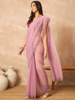 Pink Poly Chiffon Solid With Stone Work Border Saree with Unstitched Blouse