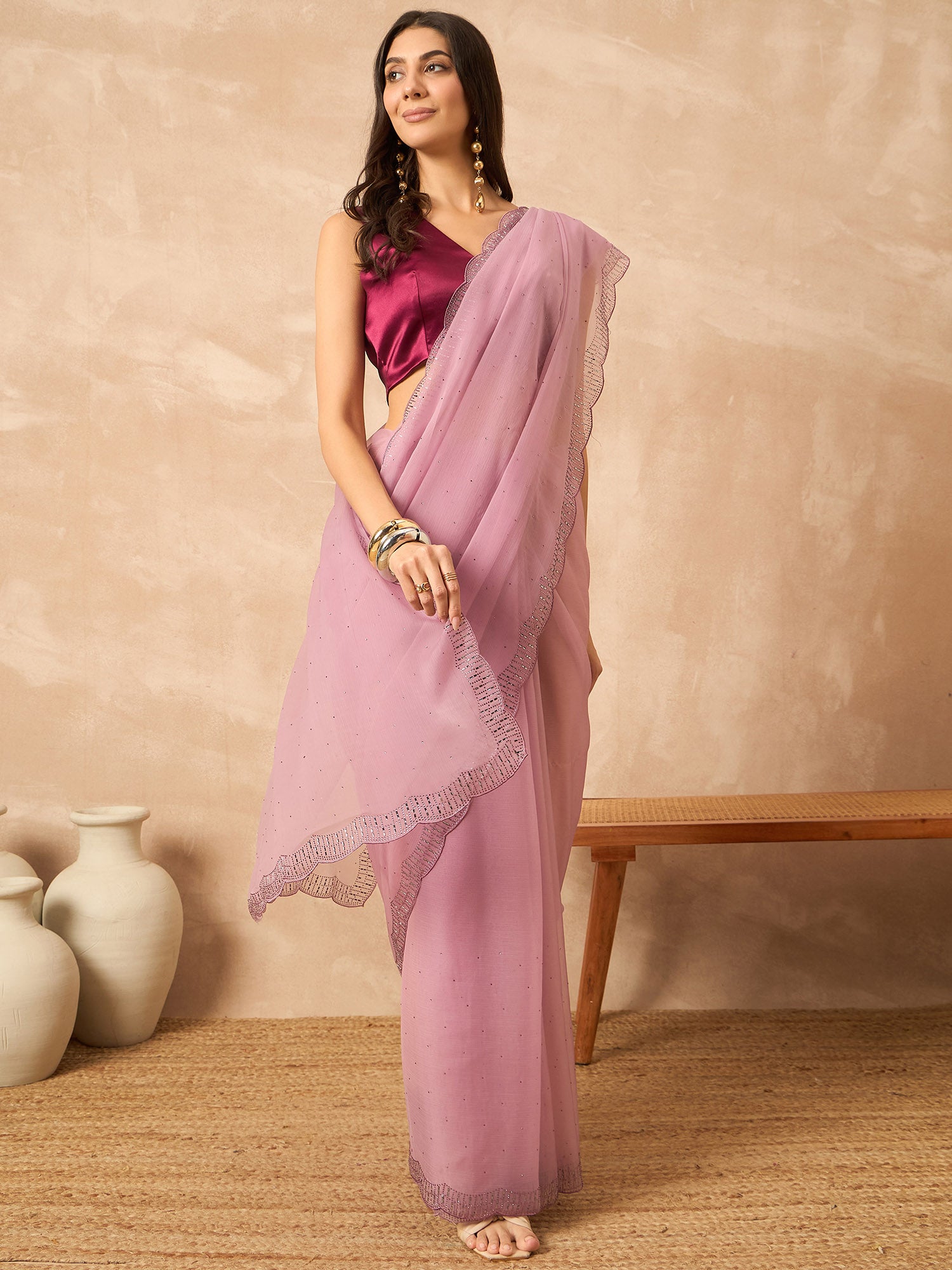 Pink Poly Chiffon Solid With Stone Work Border Saree with Unstitched Blouse