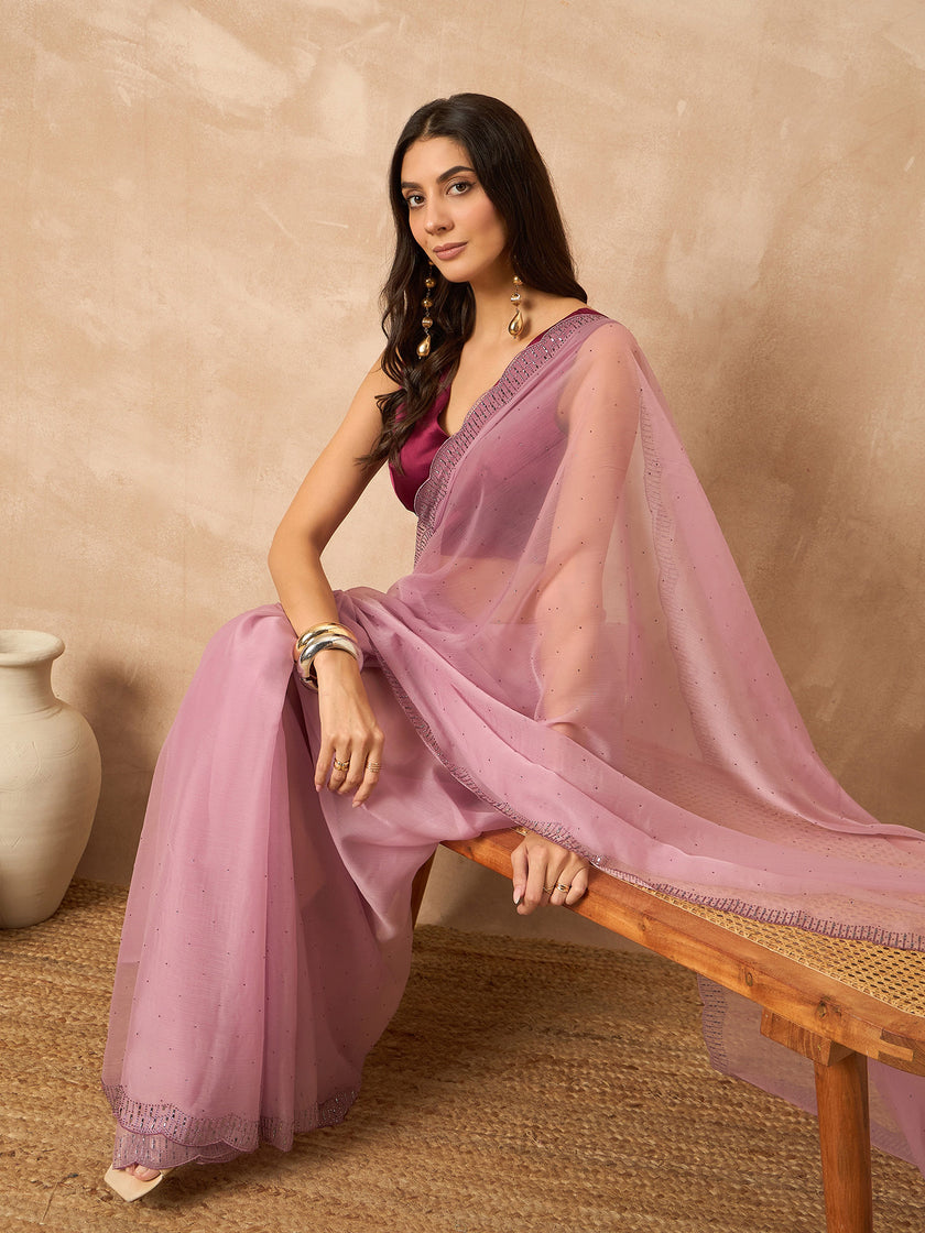Pink Poly Chiffon Solid With Stone Work Border Saree with Unstitched Blouse