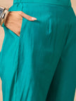 Teal  Silk Blend Solid A-Line Kurta Trouser With Floral Print Shrug