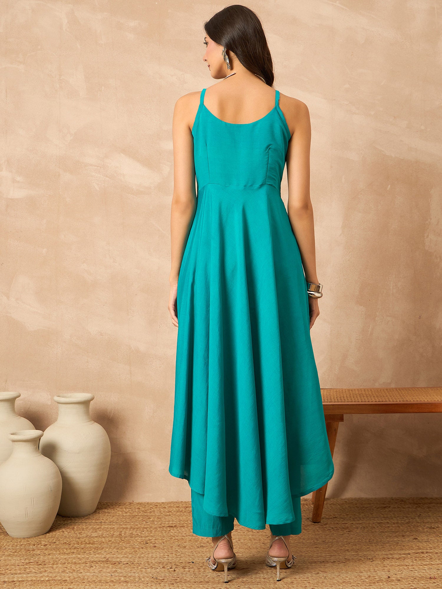 Teal  Silk Blend Solid A-Line Kurta Trouser With Floral Print Shrug