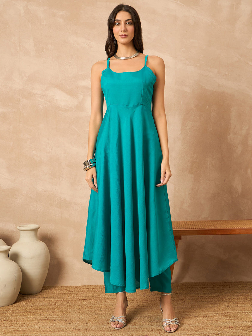 Teal  Silk Blend Solid A-Line Kurta Trouser With Floral Print Shrug